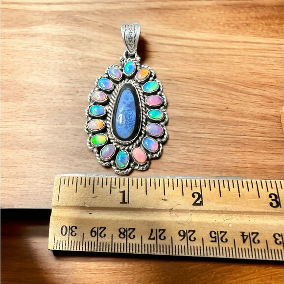 Inlayed Lapis in Black Onyx Surrounded by Fire Opals in Sterling Silver Pendant - Picture 3 of 8